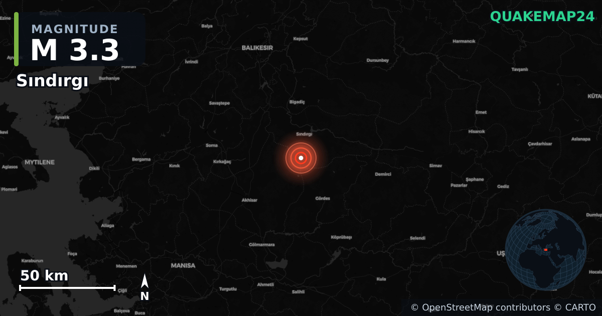 M3.3 earthquake near Sındırgı on Nov 6, 2025 — map of epicenter and shaking intensity | QuakeMap24