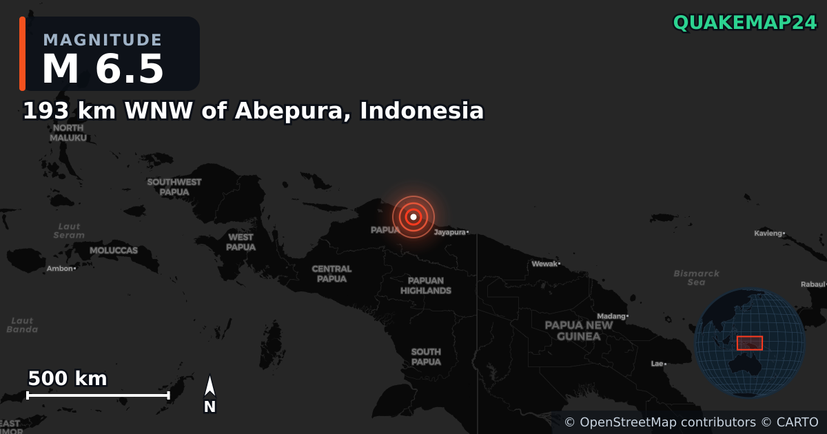 M6.5 earthquake near 193 km WNW of Abepura, Indonesia on Aug 12, 2025 — map of epicenter and shaking intensity | QuakeMap24