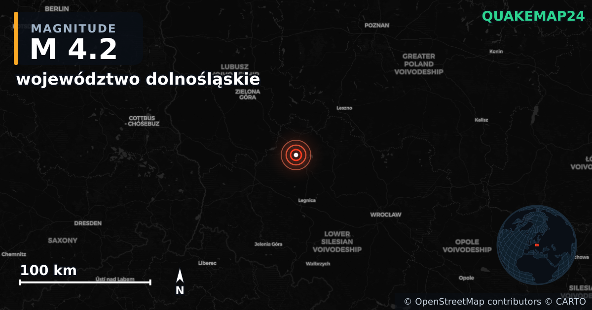 M4.2 earthquake near województwo dolnośląskie on Oct 21, 2025 — map of epicenter and shaking intensity | QuakeMap24