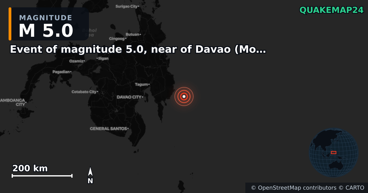 Sismo de M5,0 perto de Event of magnitude 5.0, near of Davao (Monde) — Mapa da localização do epicentro