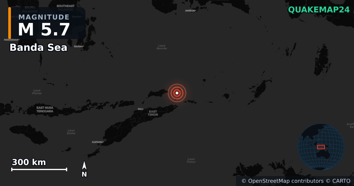 M5.7 earthquake near Banda Sea on Jun 5, 2026 — map of epicenter and shaking intensity | QuakeMap24