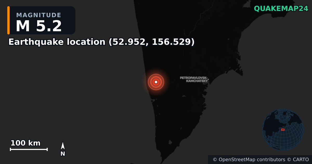 M5.2 earthquake near Deprem konumu (52.952, 156.529) on Aug 10, 2025 — map of epicenter and shaking intensity | QuakeMap24