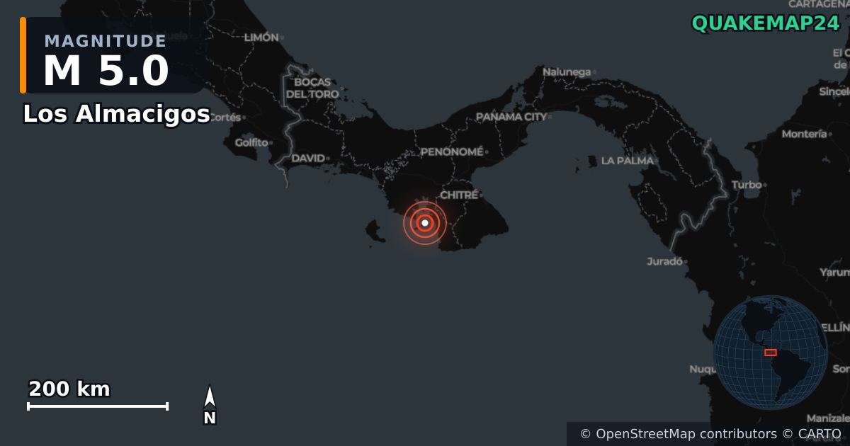 Erdbeben M5,0 bei Los Almacigos, Veraguas (Panama) · 2026-10-09 — Karte der Lage des Epizentrums