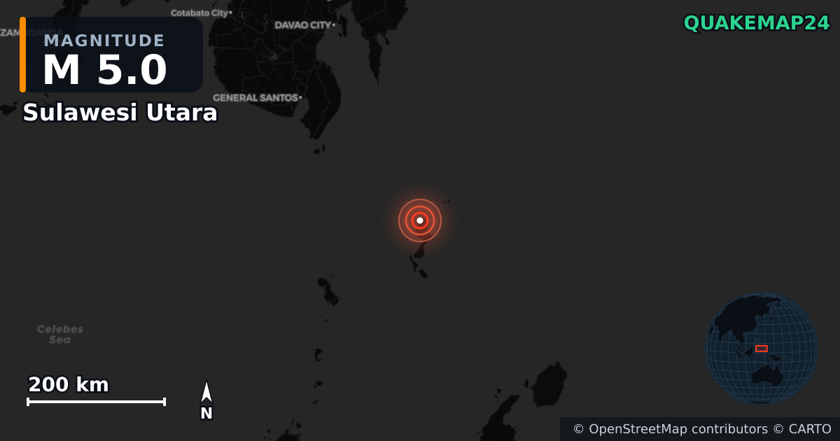 M5.0 earthquake near Sulawesi Utara on Jun 24, 2025 — map of epicenter and shaking intensity | QuakeMap24