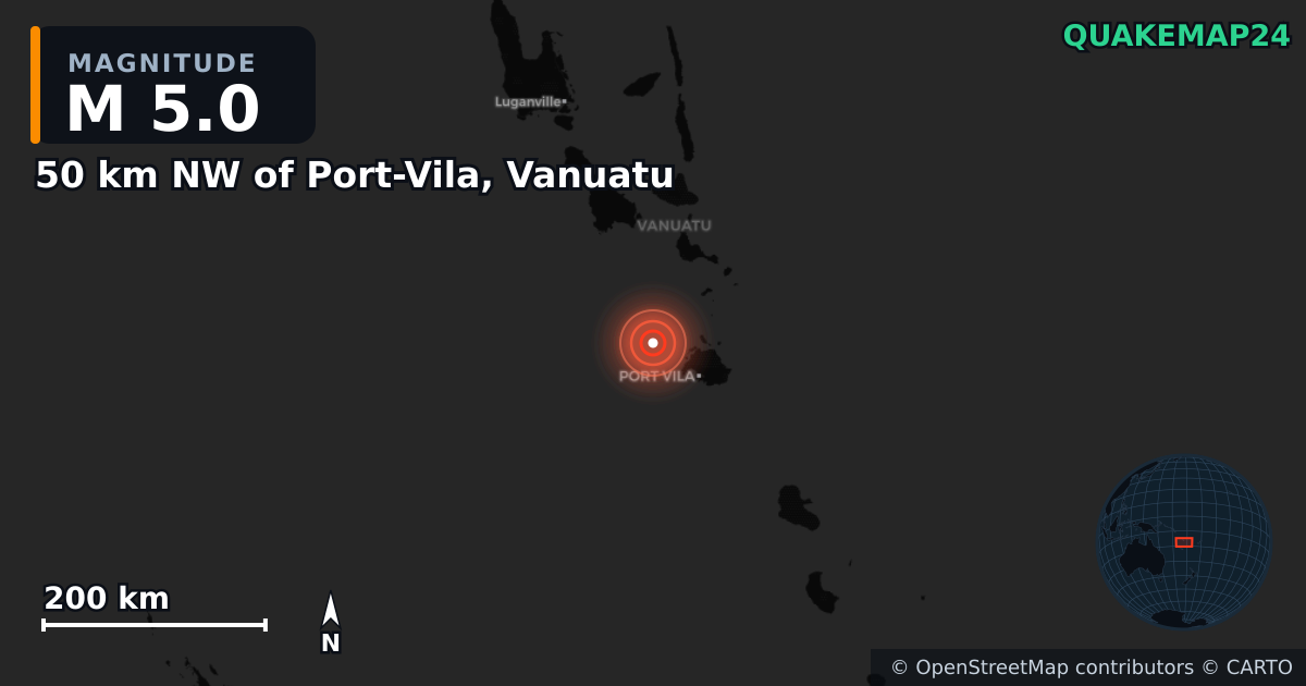 M5.0 earthquake near 50 km NW of Port-Vila, Vanuatu on Feb 10, 2025 — map of epicenter and shaking intensity | QuakeMap24
