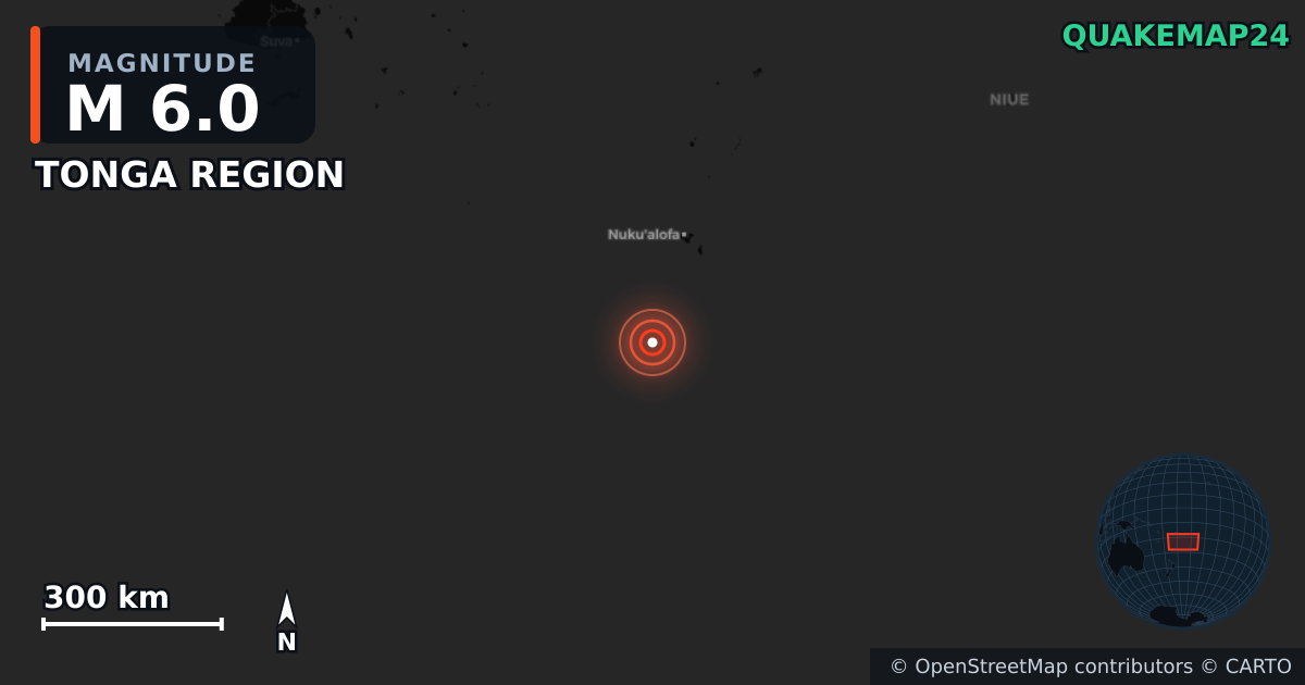 M6.0 earthquake near TONGA REGION on May 25, 2025 — map of epicenter and shaking intensity | QuakeMap24