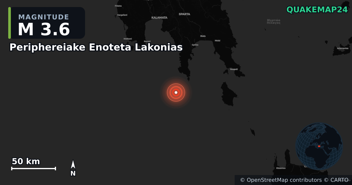 M3.6 earthquake near Periphereiake Enoteta Lakonias on Feb 18, 2026 — map of epicenter and shaking intensity | QuakeMap24