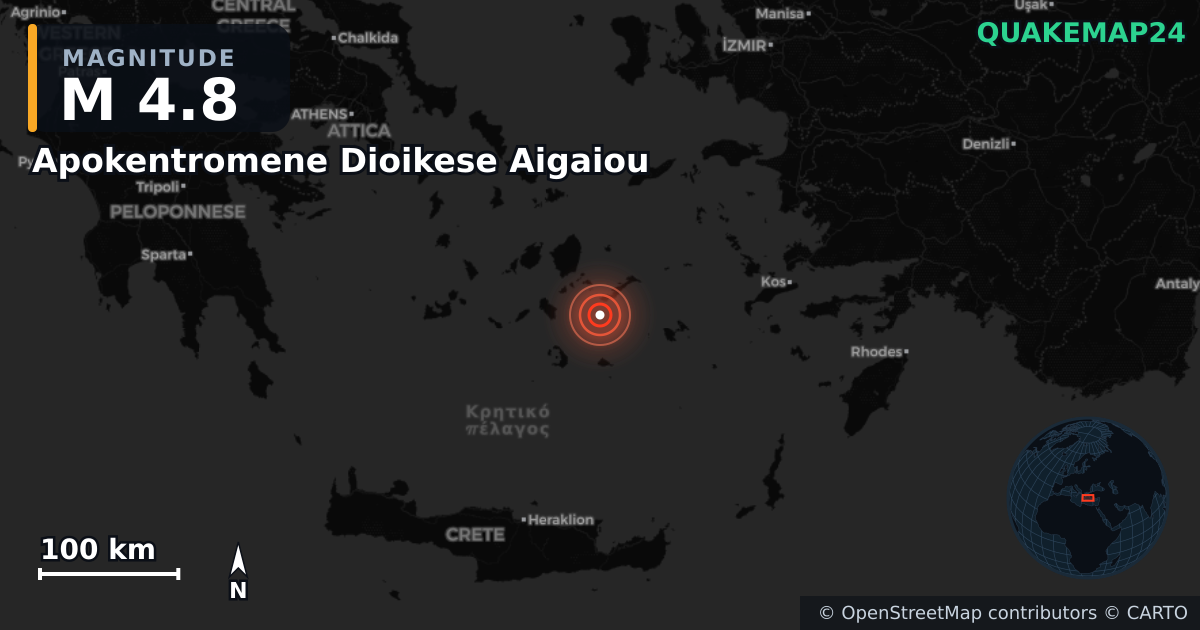M4.8 earthquake near Apokentromene Dioikese Aigaiou on Jun 20, 2025 — map of epicenter and shaking intensity | QuakeMap24