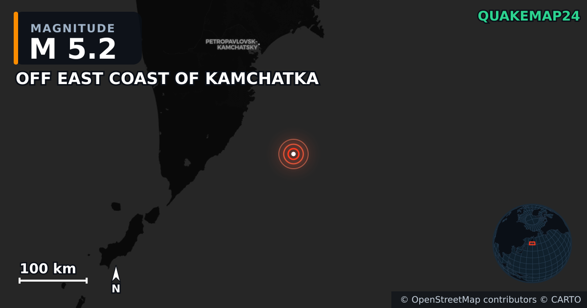 M5.2 earthquake near OFF EAST COAST OF KAMCHATKA on Aug 10, 2025 — map of epicenter and shaking intensity | QuakeMap24