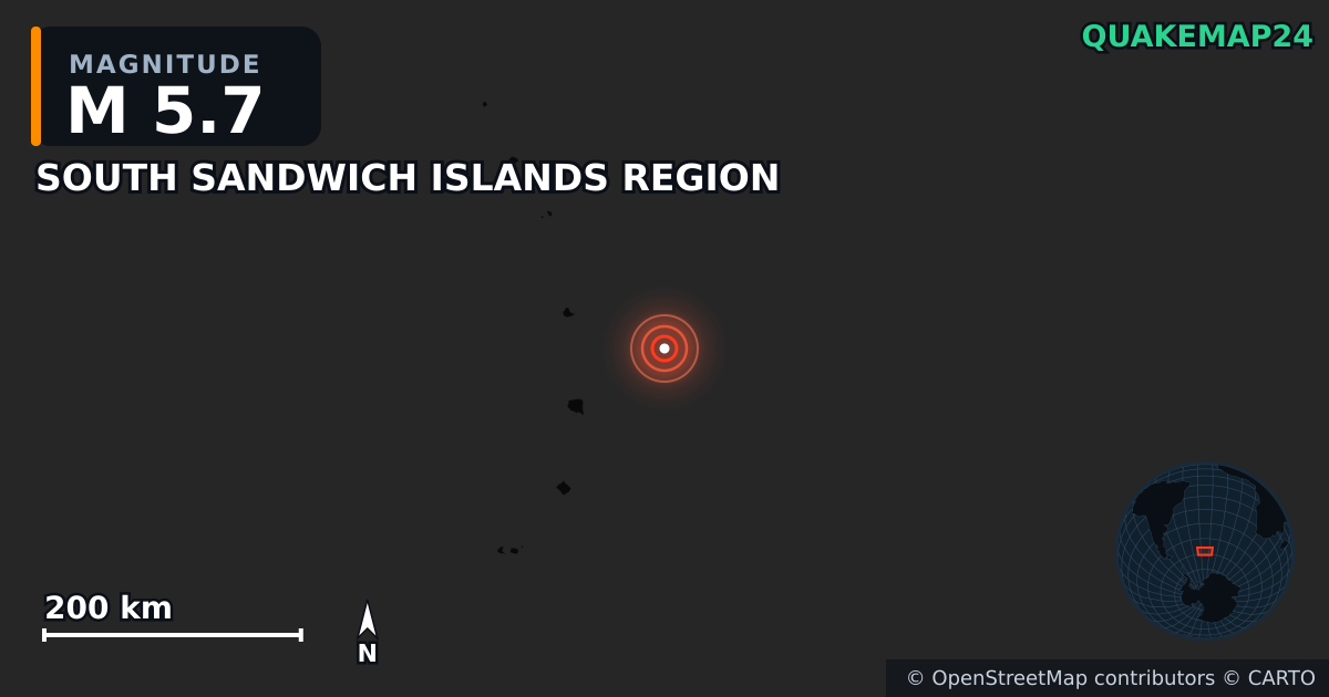 M5.7 earthquake near SOUTH SANDWICH ISLANDS REGION on Nov 5, 2025 — map of epicenter and shaking intensity | QuakeMap24