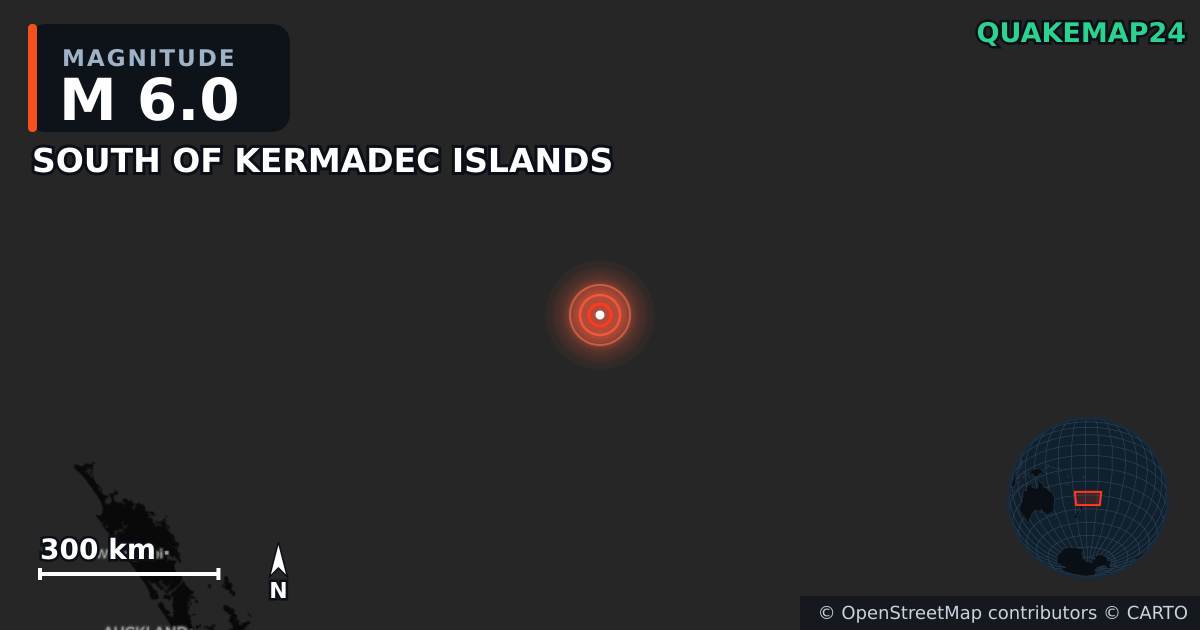 M6.0 earthquake near SOUTH OF KERMADEC ISLANDS on Apr 16, 2026 — map of epicenter and shaking intensity | QuakeMap24