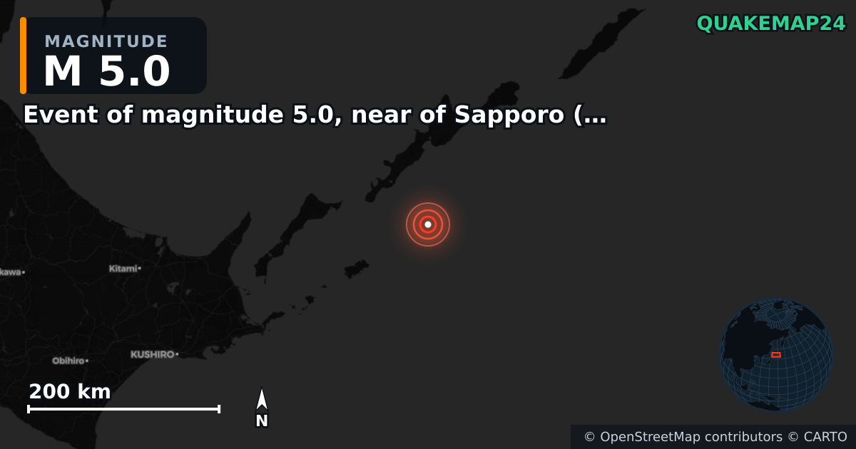 M5.0 earthquake near Event of magnitude 5.0, near of Sapporo (Monde) on Feb 11, 2026 — map of epicenter and shaking intensity | QuakeMap24