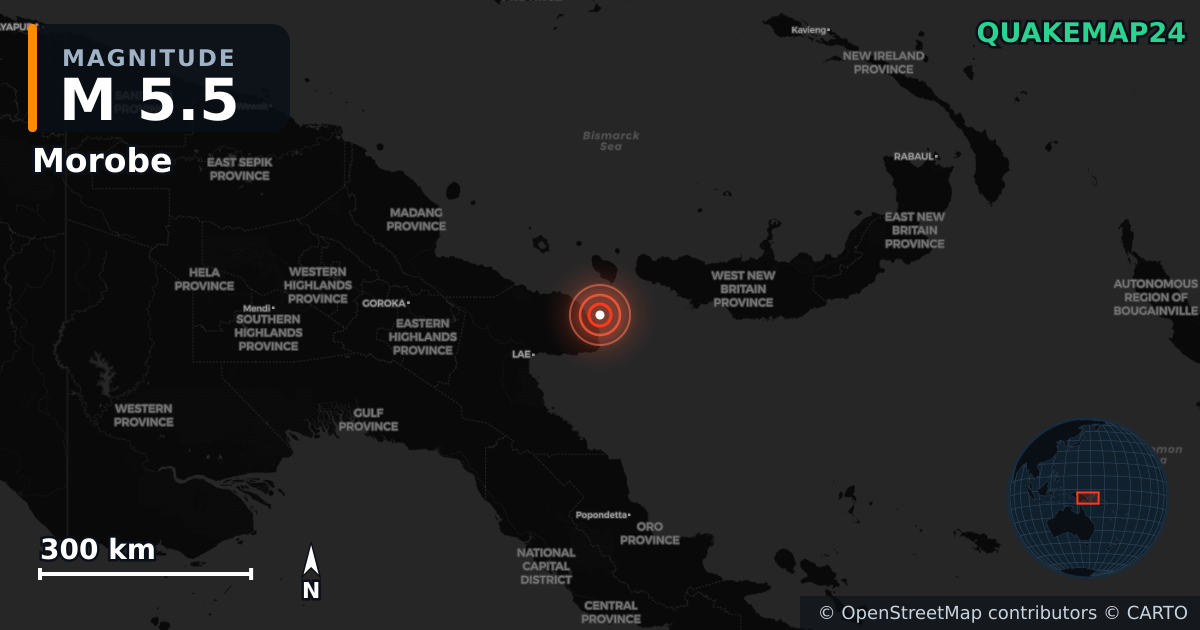 M5.5 earthquake near Morobe on Jun 19, 2025 — map of epicenter and shaking intensity | QuakeMap24