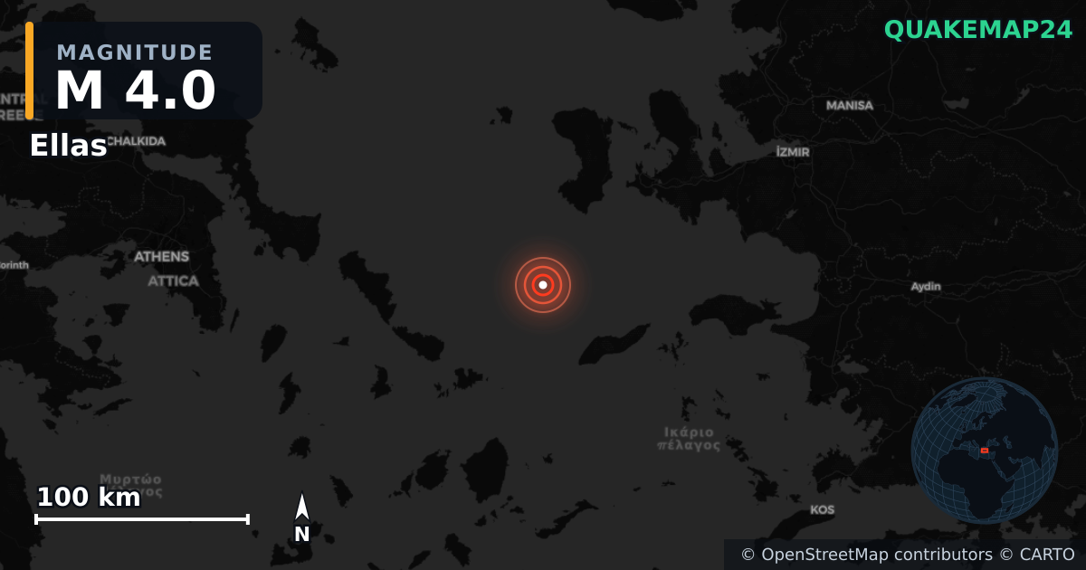 M4.0 earthquake near Ellas on Sep 23, 2025 — map of epicenter and shaking intensity | QuakeMap24