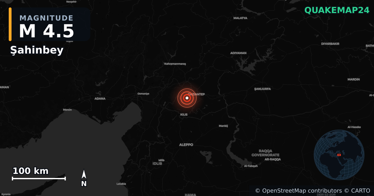 M4.5 earthquake near Şahinbey on Nov 20, 2025 — map of epicenter and shaking intensity | QuakeMap24