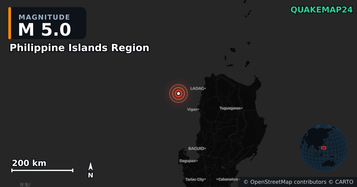Terremoto de M5,0 cerca de Philippine Islands Region — Mapa de la ubicación del epicentro