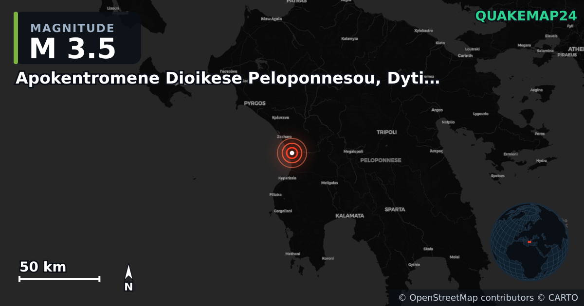 M3.5 earthquake near Apokentromene Dioikese Peloponnesou, Dytikes Elladas kai Ioniou on May 20, 2025 — map of epicenter and shaking intensity | QuakeMap24