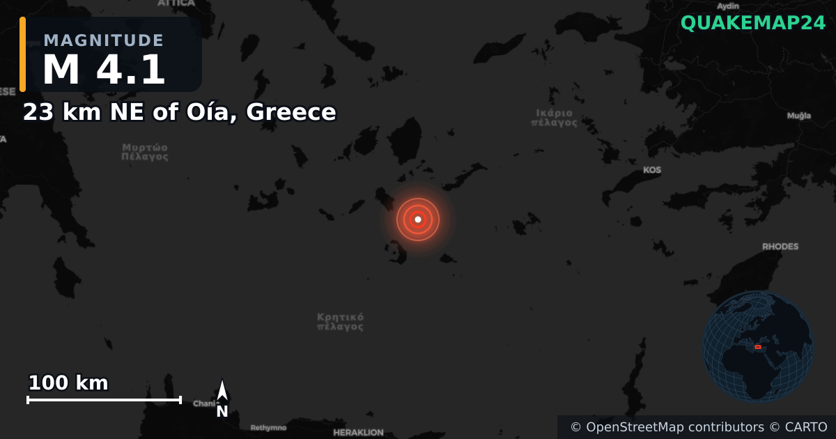 M4.1 earthquake near 23 km NE of Oía, Greece on Feb 10, 2025 — map of epicenter and shaking intensity | QuakeMap24
