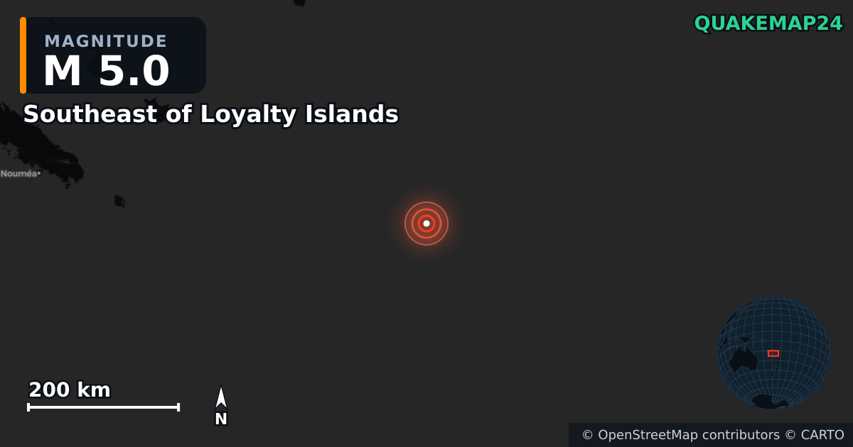Erdbeben M5,0 bei Southeast of Loyalty Islands — Karte der Lage des Epizentrums