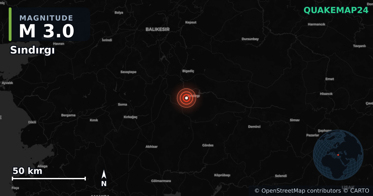 M3.0 earthquake near Sındırgı on Sep 5, 2025 — map of epicenter and shaking intensity | QuakeMap24