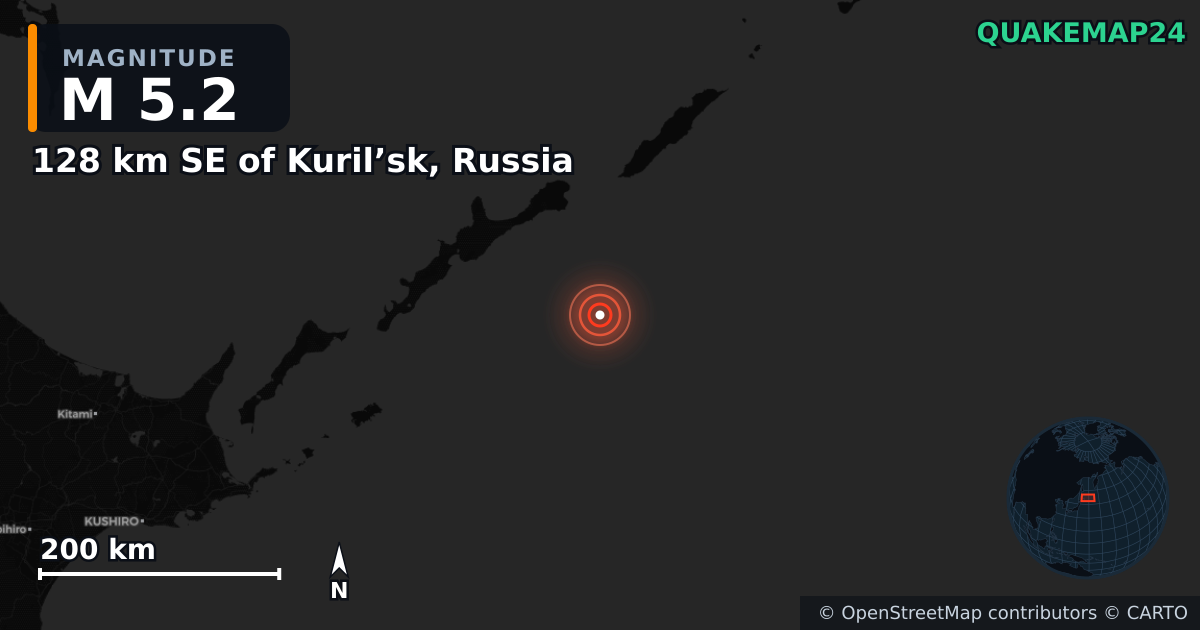 M5.2 earthquake near 128 km SE of Kuril’sk, Russia on Jul 30, 2025 — map of epicenter and shaking intensity | QuakeMap24