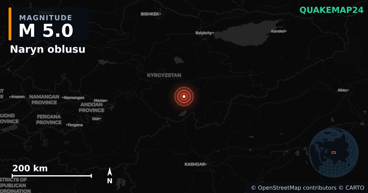 M5.0 earthquake near Naryn oblusu on Jun 7, 2025 — map of epicenter and shaking intensity | QuakeMap24