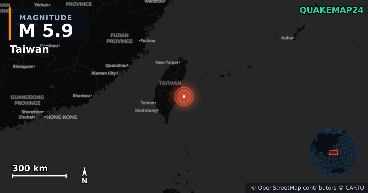 M5.9 earthquake near Taiwan on Jun 11, 2025 — map of epicenter and shaking intensity | QuakeMap24