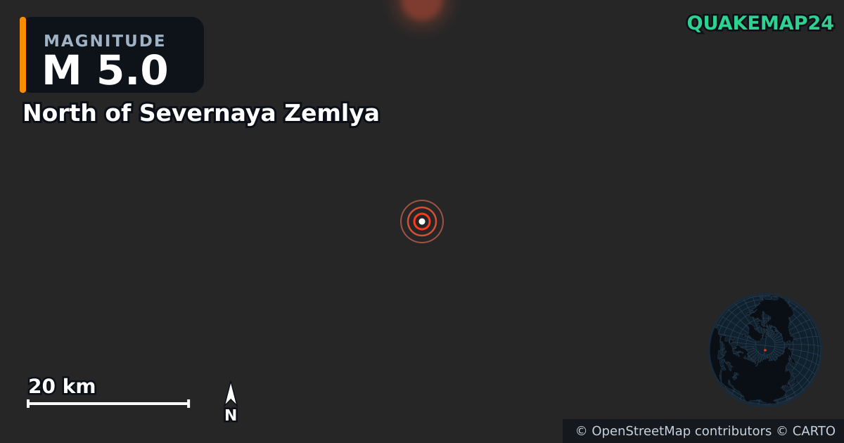 North of Severnaya Zemlya yakınında M5,0 deprem — Deprem merkez üssünün konumunu gösteren harita