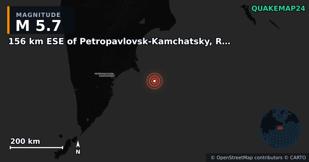 M5.7 earthquake near 156 km ESE of Petropavlovsk-Kamchatsky, Russia on Jul 20, 2025 — map of epicenter and shaking intensity | QuakeMap24