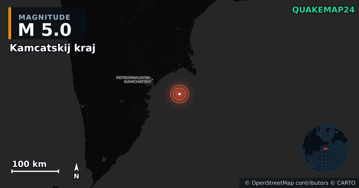 M5.0 earthquake near Kamcatskij kraj on Sep 29, 2025 — map of epicenter and shaking intensity | QuakeMap24