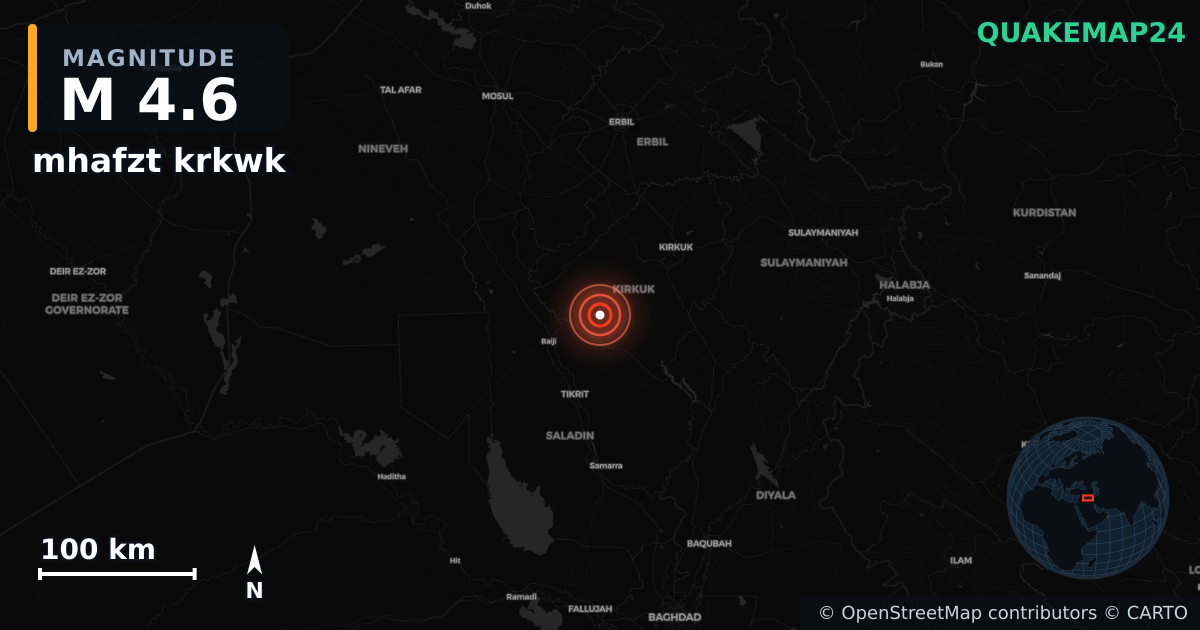 M4.6 earthquake near mhafzt krkwk on Nov 22, 2025 — map of epicenter and shaking intensity | QuakeMap24