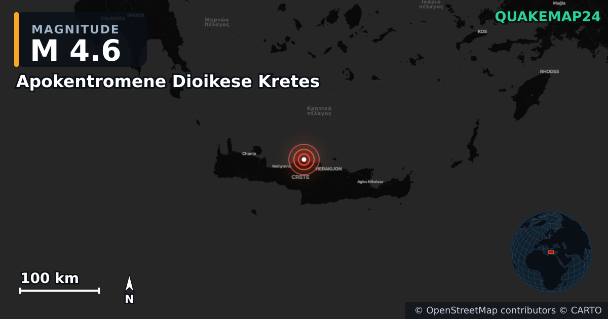 M4.6 earthquake near Apokentromene Dioikese Kretes on Nov 27, 2025 — map of epicenter and shaking intensity | QuakeMap24