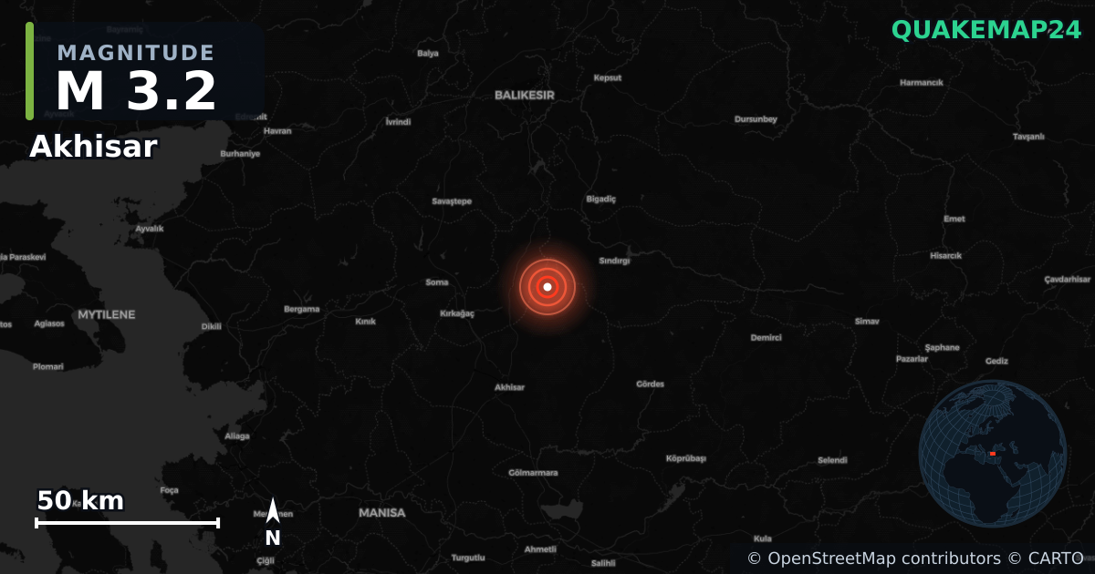 M3.2 earthquake near Akhisar on Nov 11, 2025 — map of epicenter and shaking intensity | QuakeMap24