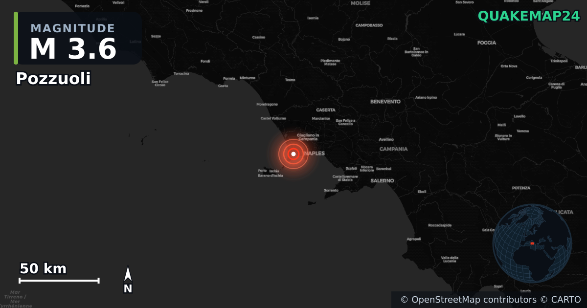 Pozzuoli, Campania (İtalya) yakınında M3,6 deprem · 2026-06-25 — Deprem merkez üssünün konumunu gösteren harita