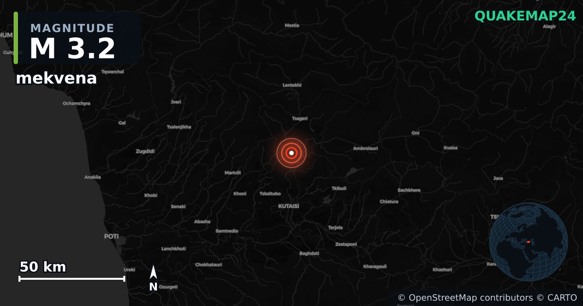 M3.2 earthquake near mekvena on Jun 2, 2026 — map of epicenter and shaking intensity | QuakeMap24