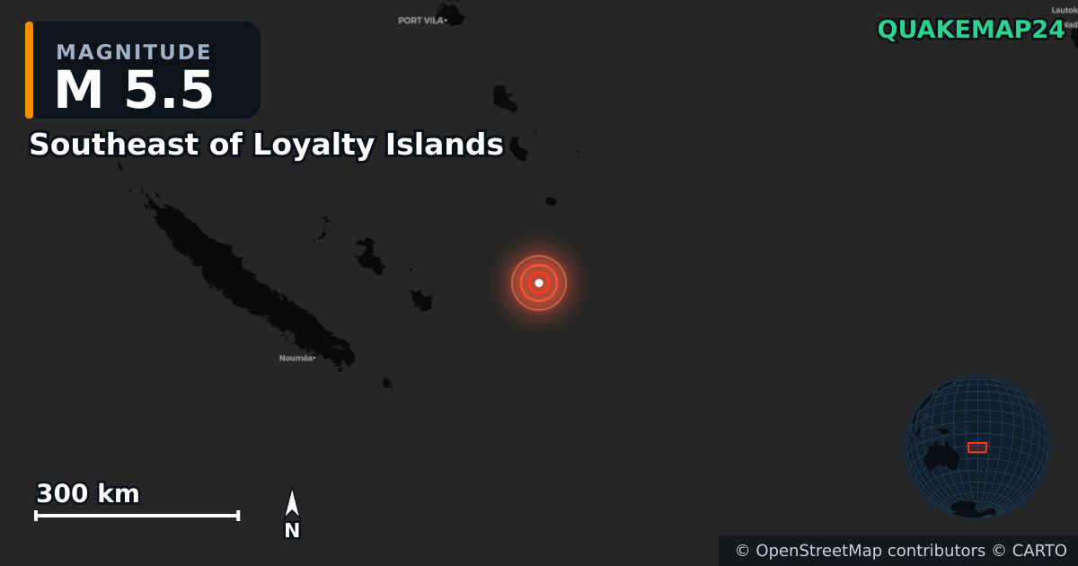 M5.5 earthquake near Southeast of Loyalty Islands on Jun 8, 2026 — map of epicenter and shaking intensity | QuakeMap24