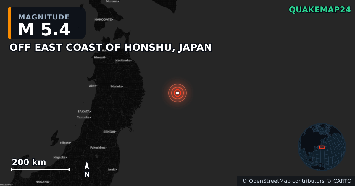 M5.4 earthquake near OFF EAST COAST OF HONSHU, JAPAN on Nov 9, 2025 — map of epicenter and shaking intensity | QuakeMap24
