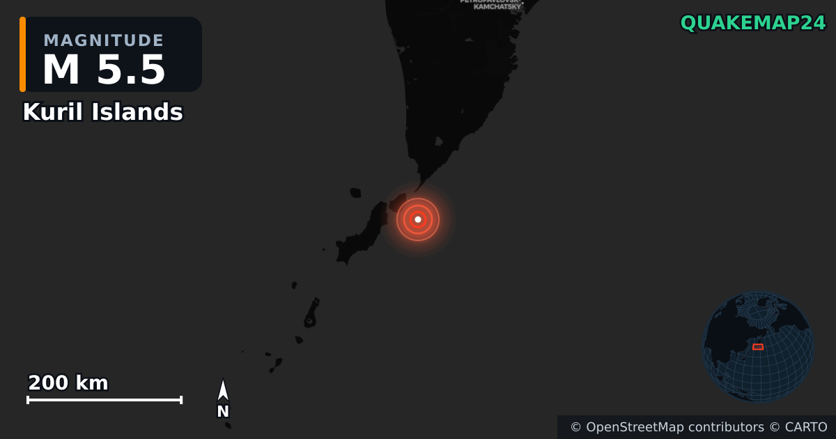 M5.5 earthquake near Kuril Islands on Jul 30, 2025 — map of epicenter and shaking intensity | QuakeMap24