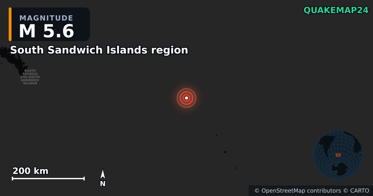 M5.6 earthquake near South Sandwich Islands region on Mar 18, 2025 — map of epicenter and shaking intensity | QuakeMap24