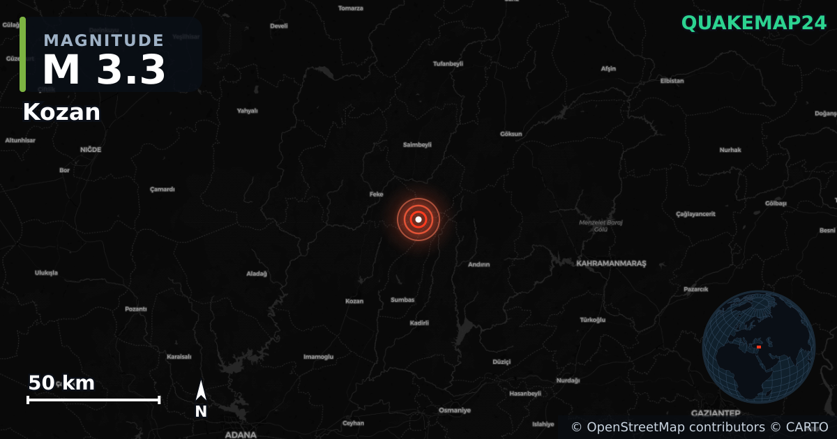 M3.3 earthquake near Kozan on Oct 29, 2025 — map of epicenter and shaking intensity | QuakeMap24