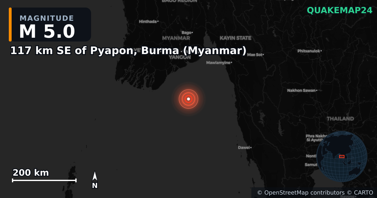 M5.0 earthquake near 117 km SE of Pyapon, Burma (Myanmar) on Aug 30, 2025 — map of epicenter and shaking intensity | QuakeMap24