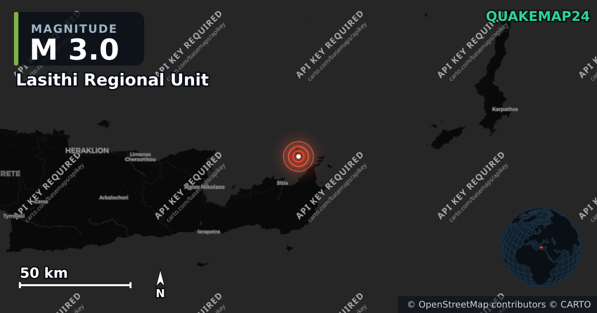 M3.0 earthquake near Lasithi Regional Unit on Aug 29, 2026 — map of epicenter and shaking intensity | QuakeMap24