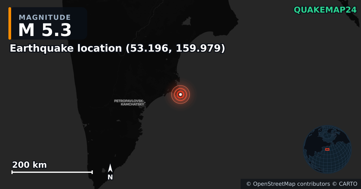 M5.3 earthquake near Deprem konumu (53.196, 159.979) on Sep 15, 2025 — map of epicenter and shaking intensity | QuakeMap24