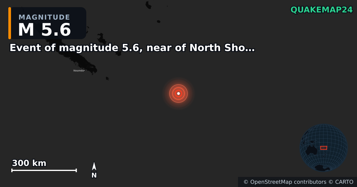 M5.6 earthquake near Event of magnitude 5.6, near of North Shore (Monde) on Aug 16, 2025 — map of epicenter and shaking intensity | QuakeMap24