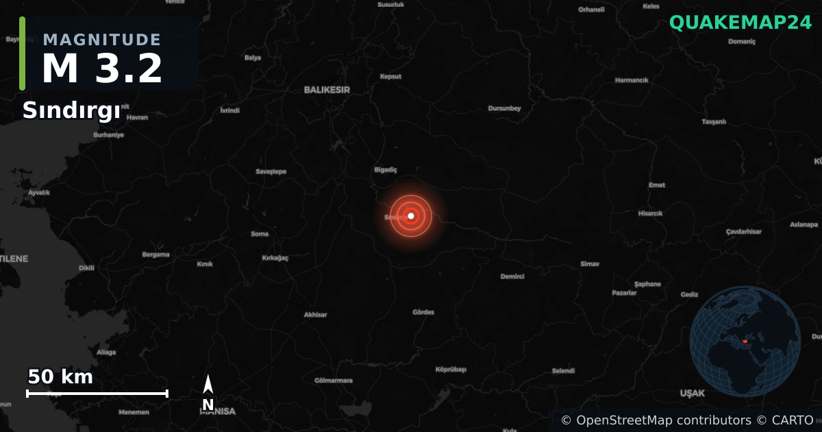 M3.2 earthquake near Sındırgı on Aug 18, 2025 — map of epicenter and shaking intensity | QuakeMap24