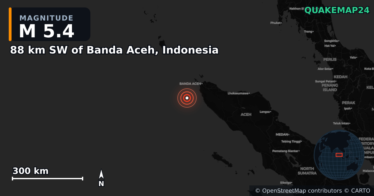 M5.4 earthquake near 88 km SW of Banda Aceh, Indonesia on Feb 20, 2025 — map of epicenter and shaking intensity | QuakeMap24