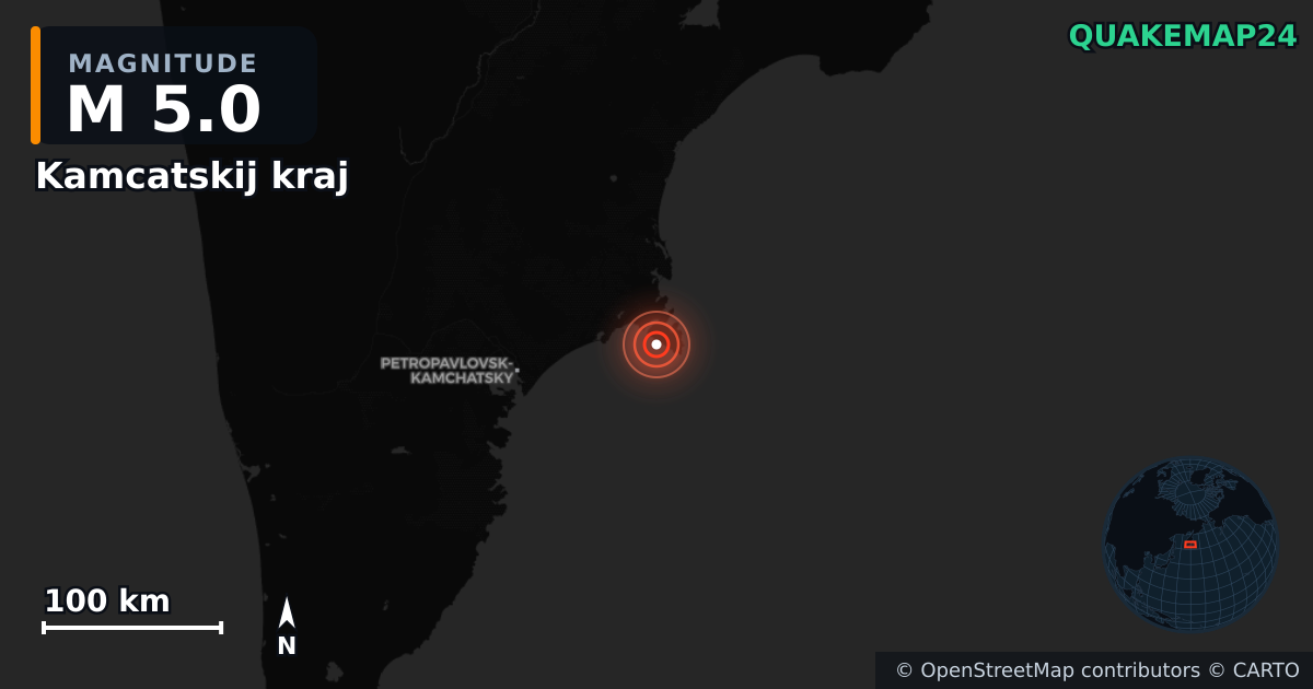 M5.0 earthquake near Kamcatskij kraj on Sep 19, 2025 — map of epicenter and shaking intensity | QuakeMap24