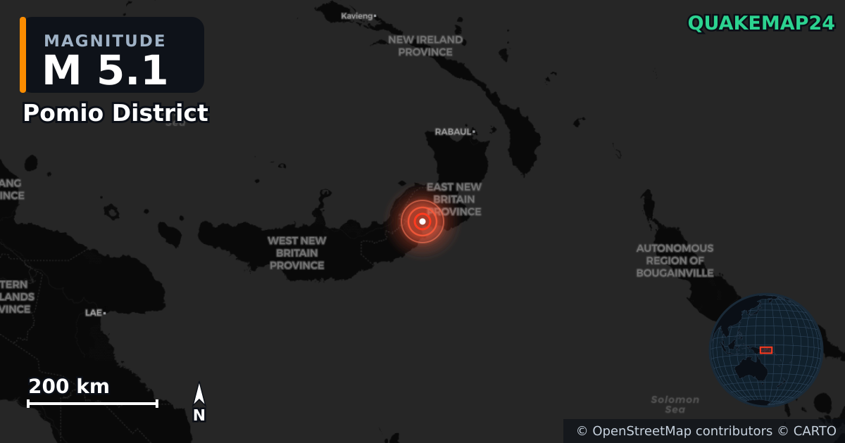 M5.1 earthquake near Pomio District on Jul 27, 2026 — map of epicenter and shaking intensity | QuakeMap24