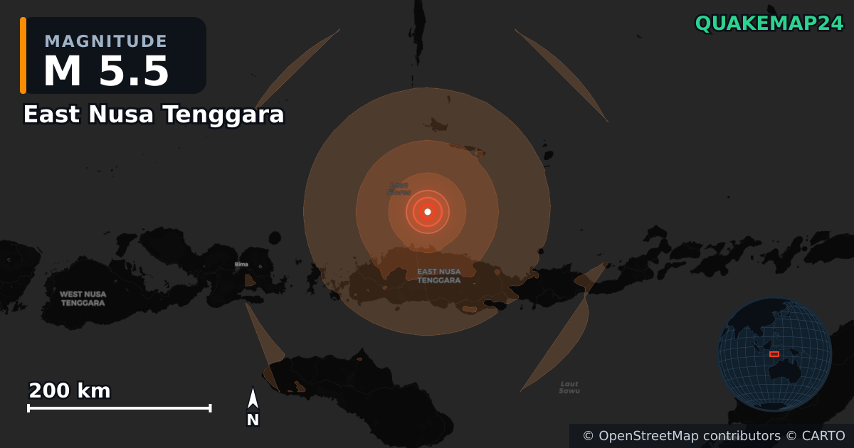 M5.5 earthquake near East Nusa Tenggara on Aug 16, 2026 — map of epicenter and shaking intensity | QuakeMap24