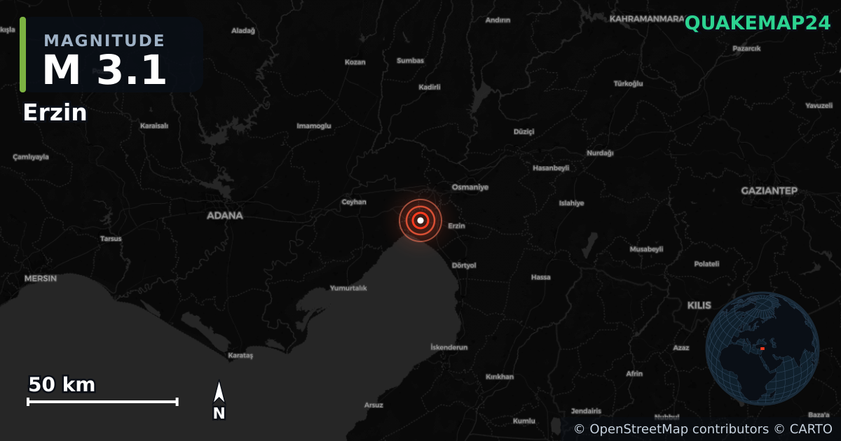 M3.1 earthquake near Erzin on Jul 18, 2026 — map of epicenter and shaking intensity | QuakeMap24